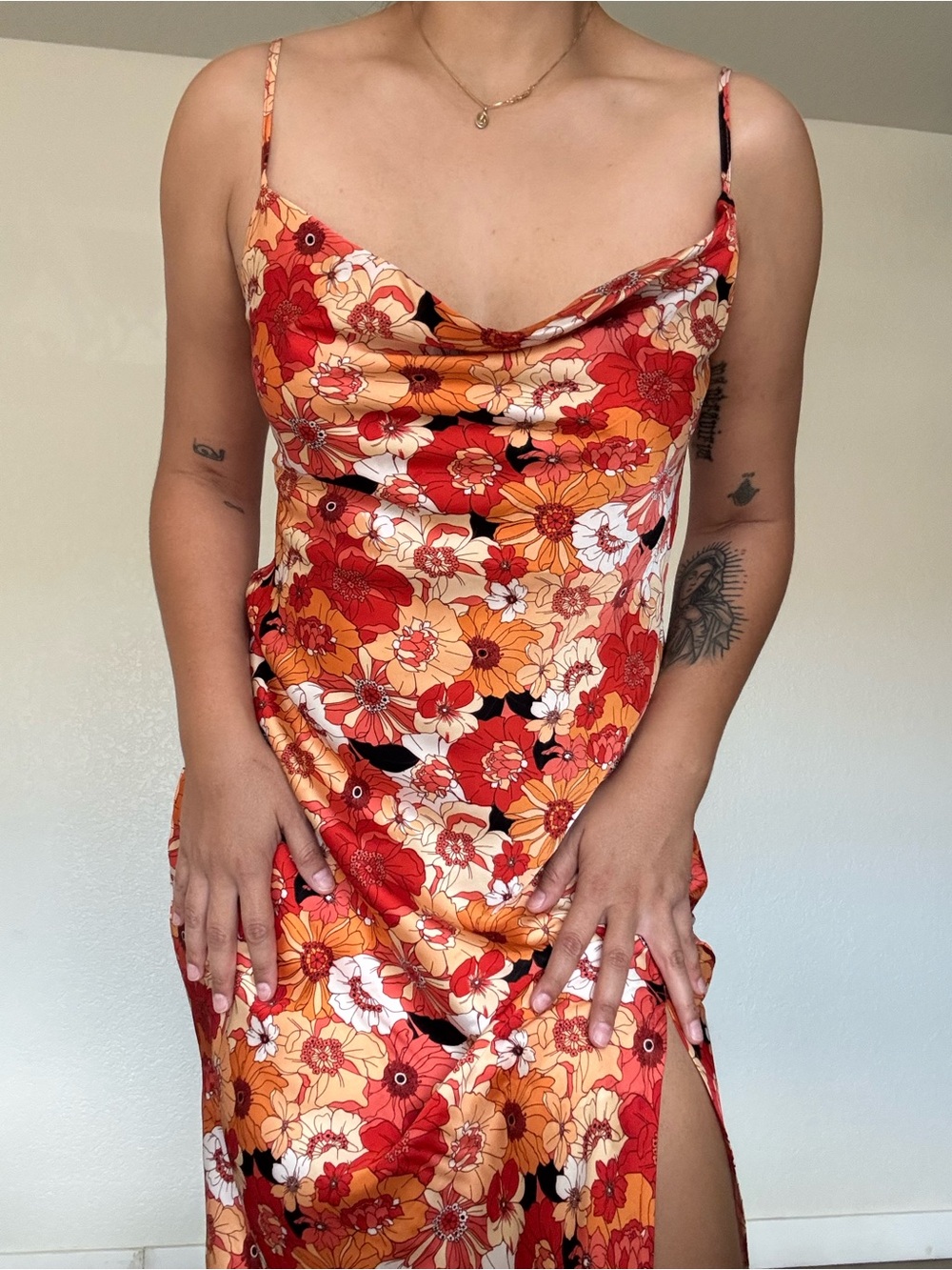 Floral Cowl Neck Slip Dress in Red & Orange